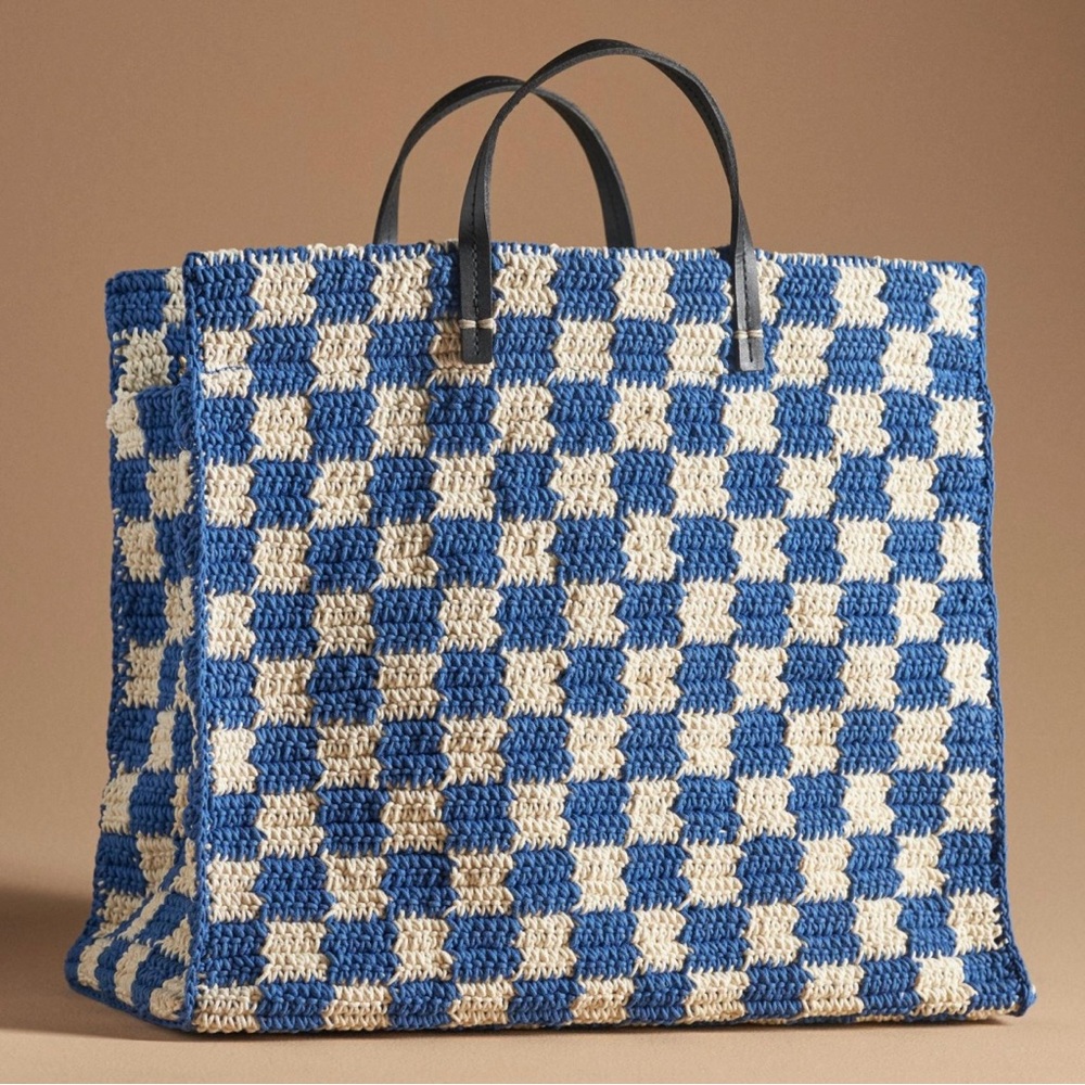 Clare V Summer Simple Tote Cobalt and Cream Crochet Checker